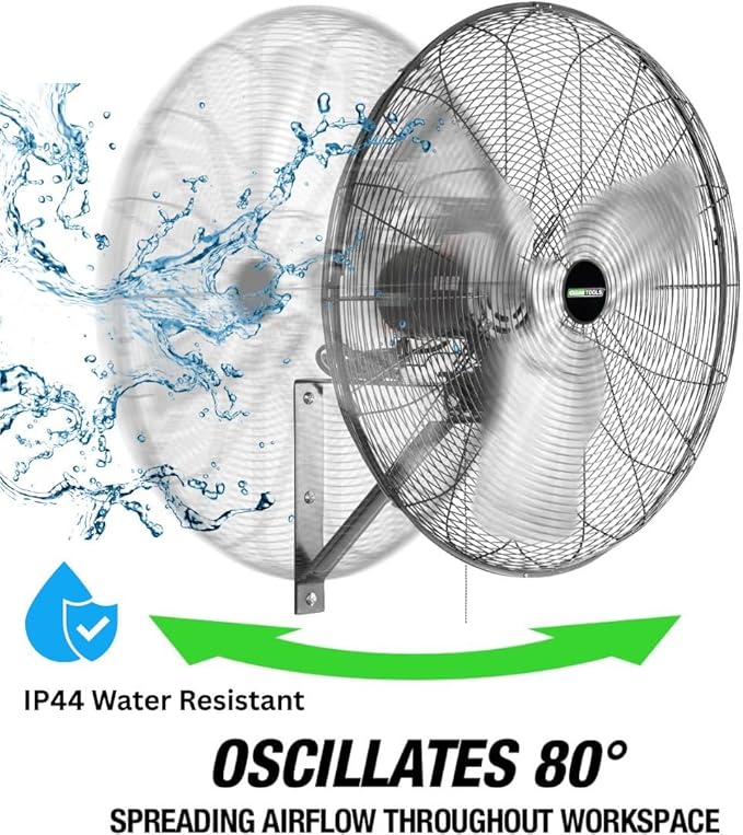 OEMTOOLS 30" Outdoor Wall Mount Fan, 80° Oscillating Fan 7200 CFM Max, Water Resistant, Use in Garage, Gym, Warehouse, Factory and Jobsite