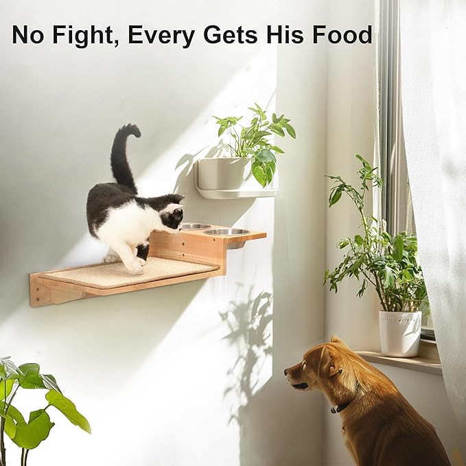 FUKUMARU Cat Wall Shelves, 3 In 1 Cats Walls Furniture Set, Food Station with 2 Steps , Solid Rubber Wood Perch, Suitable for Kitten Play, Nap, Eat, DIY Wall Jungle Gym