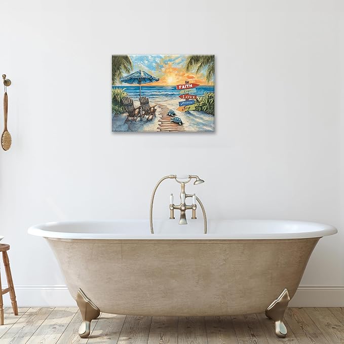 Beach Ocean Bathroom Pictures Wall Art, Seaside Coastal Bathroom Wall Decor, Sunrise Framed Painting Canvas Artwork for Bedroom Living Room Decorations 16"L x 12"W