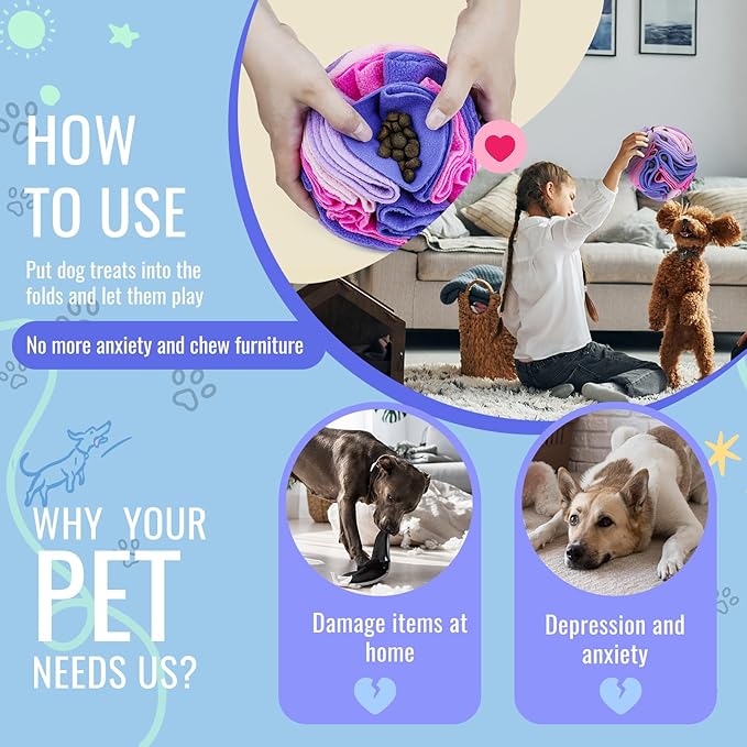 Pet Snuffle Ball, Puzzle Sniffing Interactive Dog Ball for Blind Dogs Training Stress Relief Dog Enrichment Toys Treat Machine Washable (20cm, Pink and Purple)