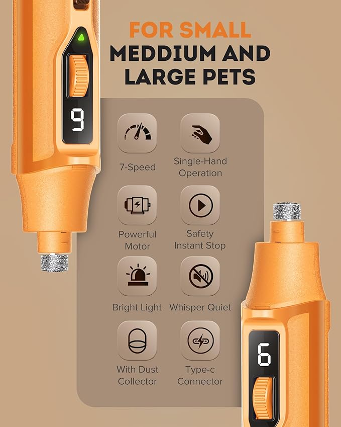 YABIFE 7-Speed Pet Nail Grinder with Light – Heavy Duty, Whisper Quiet Nail Trimmer for Dogs, Cats, Birds & Small Animals – Single-Handed Operation