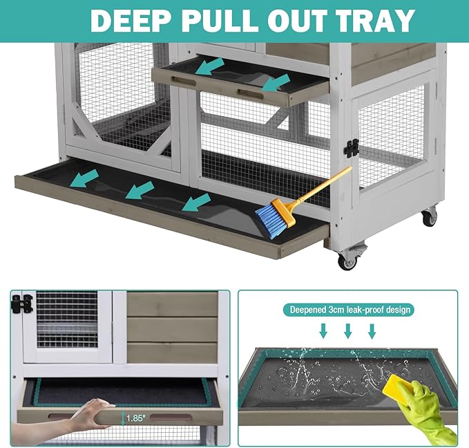 Rabbit Hutch Indoor for 2-4 Rabbits & Guinea Pigs，Bunny Cage with Slide-Out Plastic Trays，Wooden Small Animal Cage for Rabbits, Bunnies, and Guinea Pigs (Light Brown)