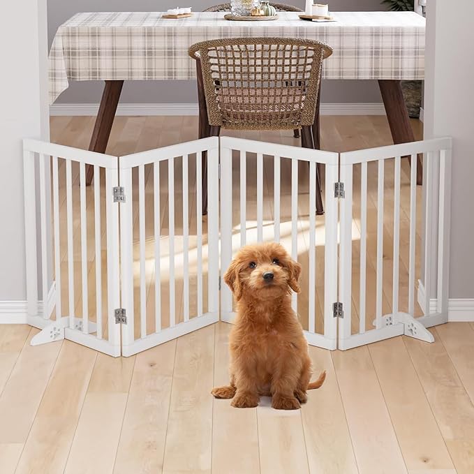 Wooden Dog Gate Freestanding Foldable Pet Gate 4 Panel Fully Assembled Dog Gates for Doorways House Stairs