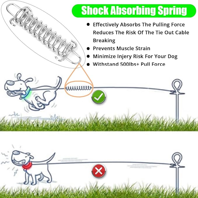 Jenico Dog Tie Out Cable - 10/15/20/30/40/50/70/100/150FT Runner Cable with Swivel Hook and Shock Spring, Leash Tether for Yard, Outdoor and Camping, Up to 500 LBS