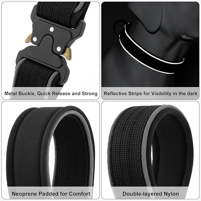 Plutus Pet Tactical Dog Collar, Reflective, Adjustable Heavy Duty Dog Collar, Soft Padded and Comfortable, for Small Medium and Large Dogs (Black, S)