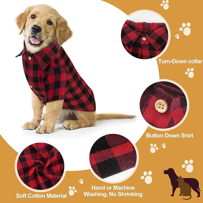 Plaid Buffalo Dog Outfit - Soft Casual Clothes for Small, Medium, Large Dogs and Puppies - Red, Halloween, Thanksgiving, Christmas Costume (M)
