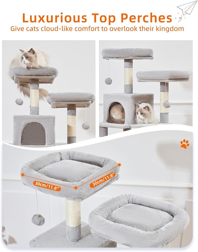 Taoqimiao Cat Tree, 68-Inch Cat Tree Cat Tower for Indoor Cats, Plush Multi-Level Cat Condo with 6 Scratching Posts, 2 Perches, 2 Caves,Hammock, 3 Pompoms,MS020SW Light Gray