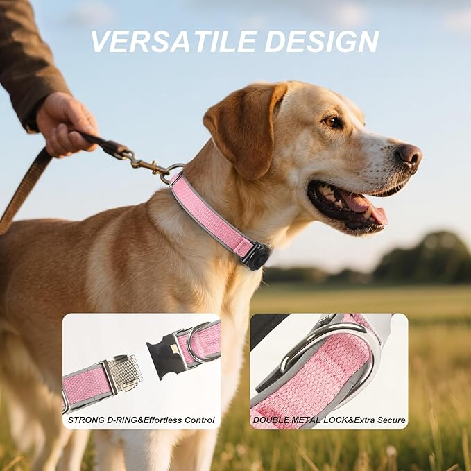 Waterproof Airtag Dog Collar - Nylon Collar with Durable Airtag Holder, Reflective&Anti-Lost with Safety Metal Buckle, Soft Padded Adjustable for Small Medium Large Dogs Pink XL