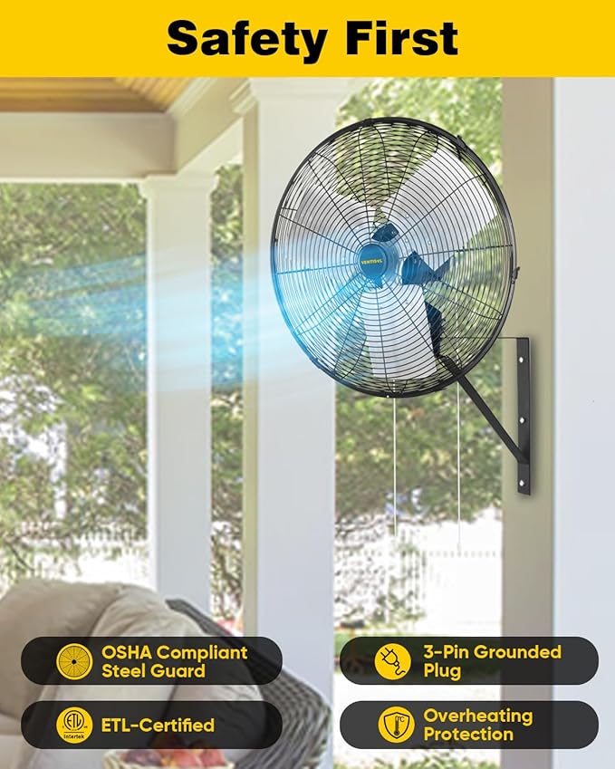 VENTISOL 20 Inch Wall Mount Fan Oscillating, 5500 CFM High Velocity Industrial Fans with 3 Speeds for Garage, Shop, Warehouse, Workshops, Cover Patio, ETL Listed