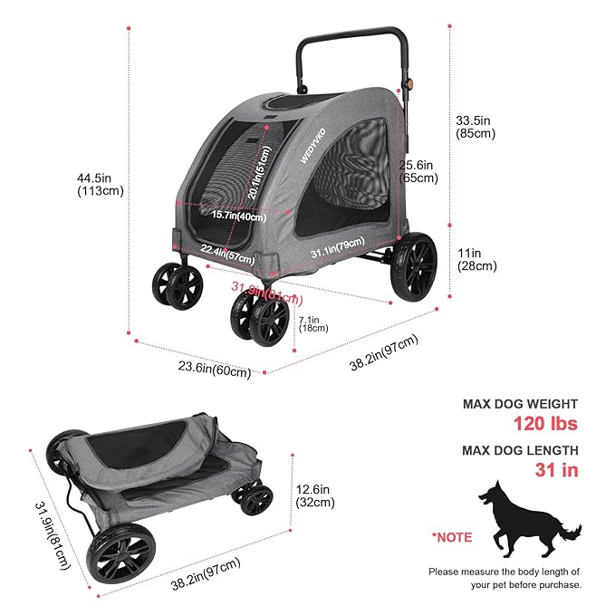Large Dog Travel Stroller with 4 Heavy Duty Wheels Pet Stroller with Adjustable Handle - Double Doggie Capacity Jogger Wagon with Back Front Door for Small Medium Large Dogs (Dark Light Gray)