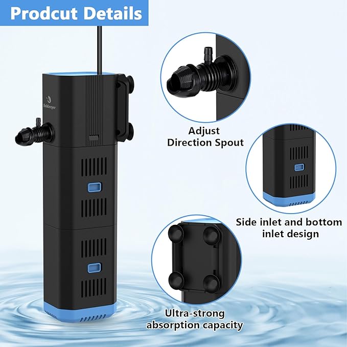 Aquarium Filter for 10-50 Gallon Tank,132GPH Fish Tank Filter 6W Green Clean Machine Submersible Pump Filter for Green Water and Algae Clean,Submersible Internal Filter for Saltwater Freshwater