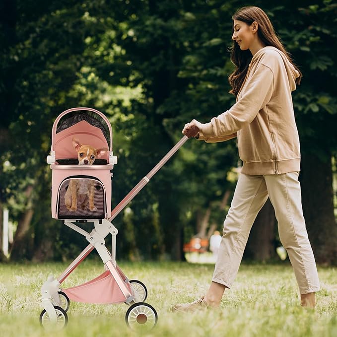MoNiBloom 3 in 1 Pet Stroller with Adjustable Handle, Jogging Stroller w/Detachable Carrier & Lightweight Aluminum Frame for Dogs Cats, Soft Pink