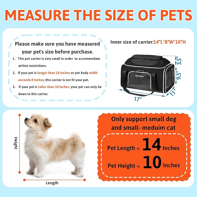 Petskd Top-Expandable Pet Carrier with Wheels 17x11x9.5 Inches Alaska Airline Approved, Soft-Sided Carrier for Small Cats Dogs with Locking Safety Zippers and Anti-Scratch Mesh(Black)