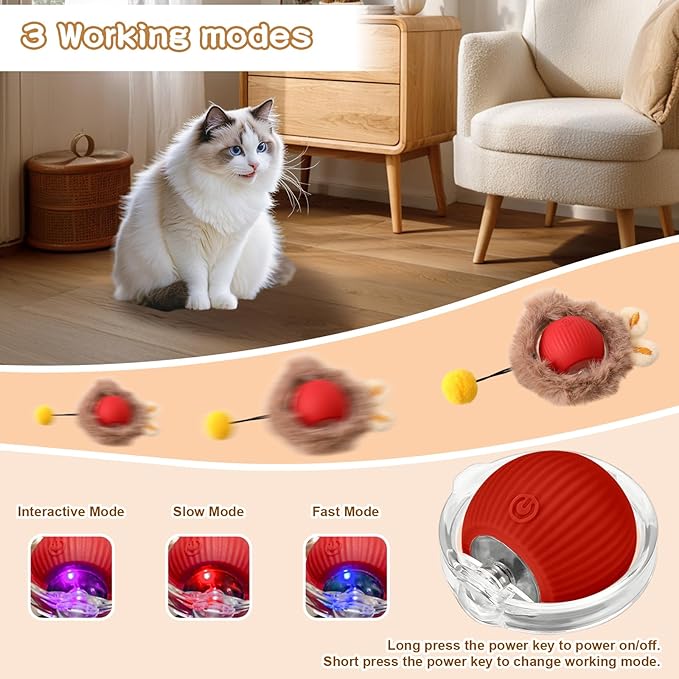 Rocfish Interactive Cat Toys Ball - Automatic Fast Rolling Ball in Play Mat, Hide and Seek Mouse Catching Game, Low-Noise Cat Enrichment Toys in Pouch for Indoor Bored Cats (Red Toy & Round Mat)