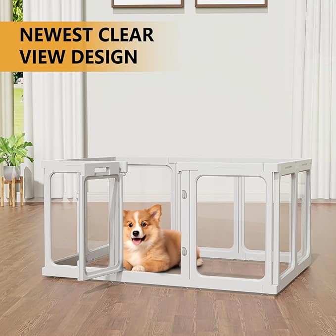 Clear Acrylic Dog Playpen with Door, for Puppy Cat Rabbit Transparent Pet Pen, Dog Playpen Indoor, Dog Fence, Easy Assemble & Cleaning Dog Pen for Small & Medium Dogs (23.6“ Height, 10PCS)