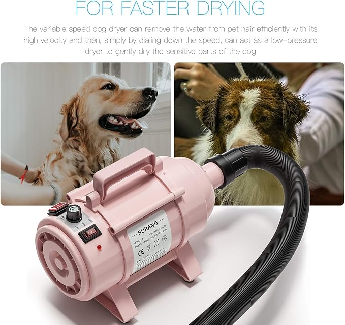 Burano Dog Dryer, High Velocity Pet Hair Dryer, 4.3HP Stepless Adjustable Speed Dog Hair Force Dryer for Dogs, Cats & More, Powerful Pet Blower with Heater
