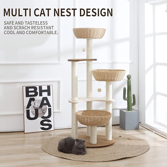 52" Modern Cat Tree Tower for Large Cats, 3Cat Nests Manual Hand Woven Multilevel Huge Paws Pals Cat Tree, Wood Cat Tower, Cat Scratching Tree, Cat Condo, Cat Lover Gift
