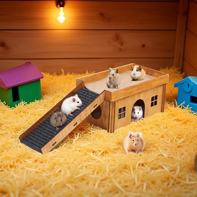 Wooden Guinea Pig Hideout, Large Hamster Hideout, Small Animal House Habitats with Stairs, Upgraded Pets Hut Castle for Guinea Pig, Bunny, Chinchillas, Hamster, Rabbit