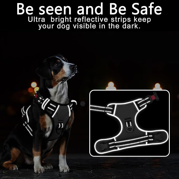 Timos Dog Harness Large Sized, No Pull with Neck Lockable Snap,No Choke Front Clip Dog Reflective Harness,Adjustable Metal Rings 3 Buckles,Easy Control Handle for Large Dogs Gray XL