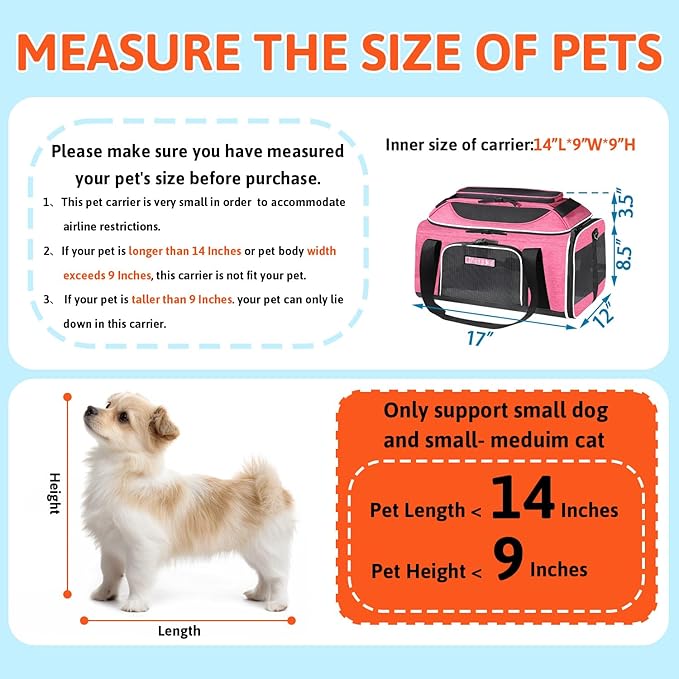 Petskd Top-Expandable Pet Carrier 17x12x8.5 Inches JetBlue Allegiant Spirit Airline Approved, Soft-Sided Carrier for Small Cats and Dogs with Locking Safety Zippers and Anti-Scratch Mesh(Pink)