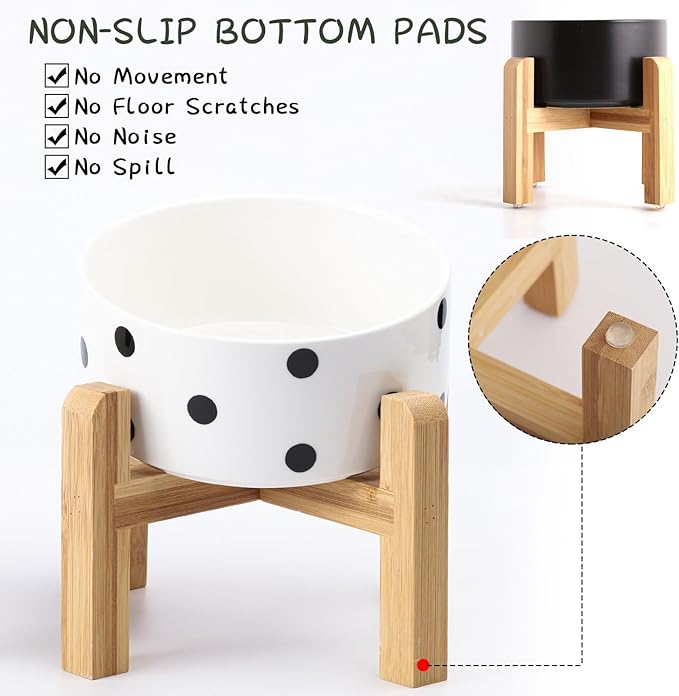 Petygooing 28 OZ Elevated/Raised Ceramic Dog Bowl for Small Medium Breeds, Dog Food Water Dish with Stand,Pet Bowl with Anti Slip Rubber for Cats Small and Medium Dogs (3.6 Cups) Black Dot