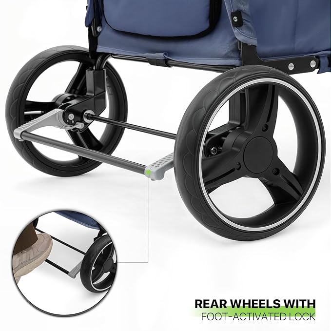 Magshion Pet Stroller for Medium Dogs w/Adjustable Handle, 3-Wheel Dog Cat Wagon w/Dual Entry, Rear Storage, Breathable Mesh, One-Foot Brake, Ideal for Large Pets up to 55 lbs, Navy Blue