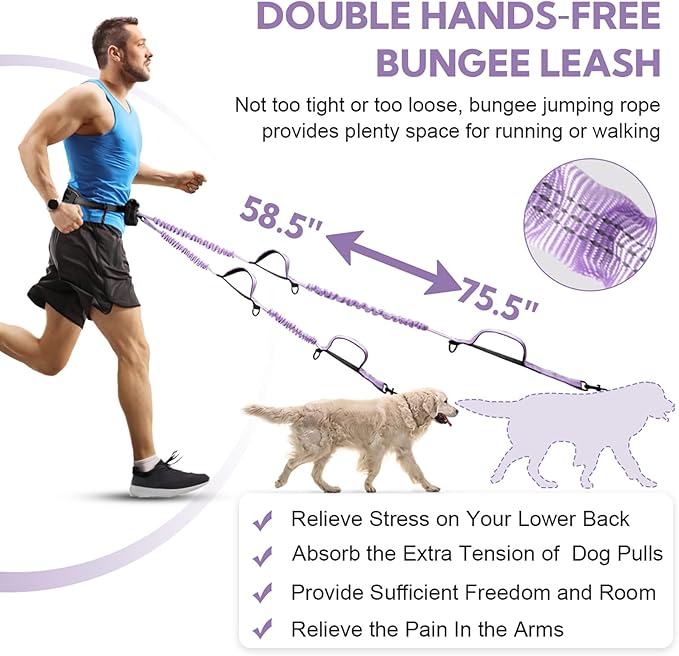 Hands Free Dog Leash with Pouch, Double Leash for Two Dogs, Retractable Bungee with Double Padded Handles, Dog Waist Leash for Dog Walking, Running Leash for Dogs, Dog Walking Accessories