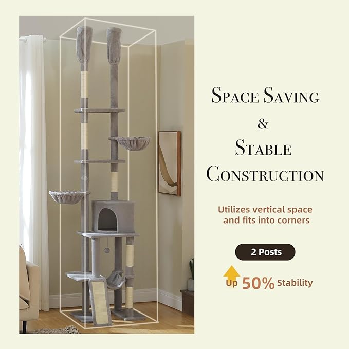 PAWZ Road Tall Cat Tree, Floor to Ceiling Cat Tower with Adjustable Height(85-112 Inches), 7 Tiers Climbing Tower with Cozy Hammocks, 5 Platforms and Scratching Posts for Indoor Cats-Gray