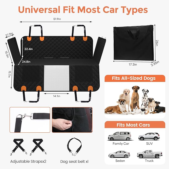 Back Seat Extender for Dogs - Holds 450lbs, Waterproof Dog Car Seat Cover for Back Seat with Hard Bottom for Cars SUVs Truck,Anti-Scratch No Slip Large Space Pet Backseat Protector,Black