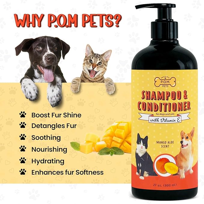POM Pets 2-in-1 Organic Dog Shampoo & Conditioner – Itchy Skin Relief, Dog Deshedding, Detangles Fur, Cat Shampoo, Paw Cleaner for Dogs, Natural Coat Defense Formula