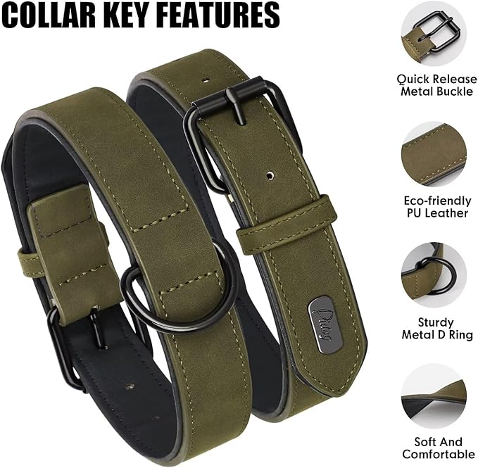 Didog Soft Padded PU Leather Dog Collar, Breathable and Adjustable Dog Collar for Large Dogs, Comfortable for Daily Walk, Dark Green, XL Fit Neck 17-21"(44-71 lbs)