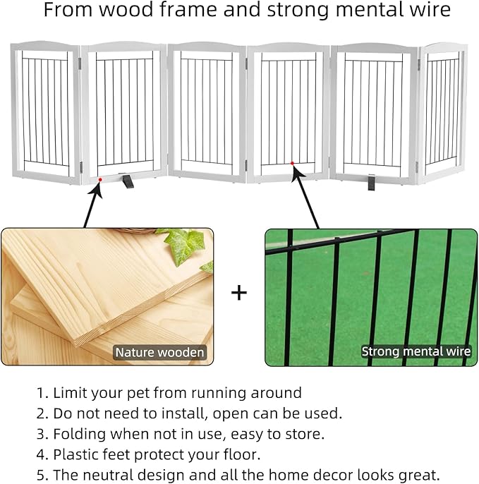 ZJSF Freestanding Dog Fence Indoor, Foldable Dog Gate for Doorways, Stairs or Hallways, Sturdy Wood Extra Wide Pet Gate with Support Feet for The House, White, 24 "Height-6 Panels