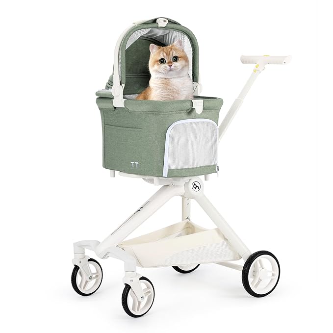 TT Lightweight Pet Stroller for Small Dog&Cat,One-Hand-Fold Pet Travel Stroller with Canopy and Cup Holder, 4-Way Convertible Carrier.Green