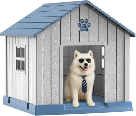 Vixzen 38in Large Outdoor Dog House,Durable Water Resistant Resin Dog House,Doghouse for Small to Large Dogs Indoor or Outside,with Air Vent and Elevated Floor,Blue