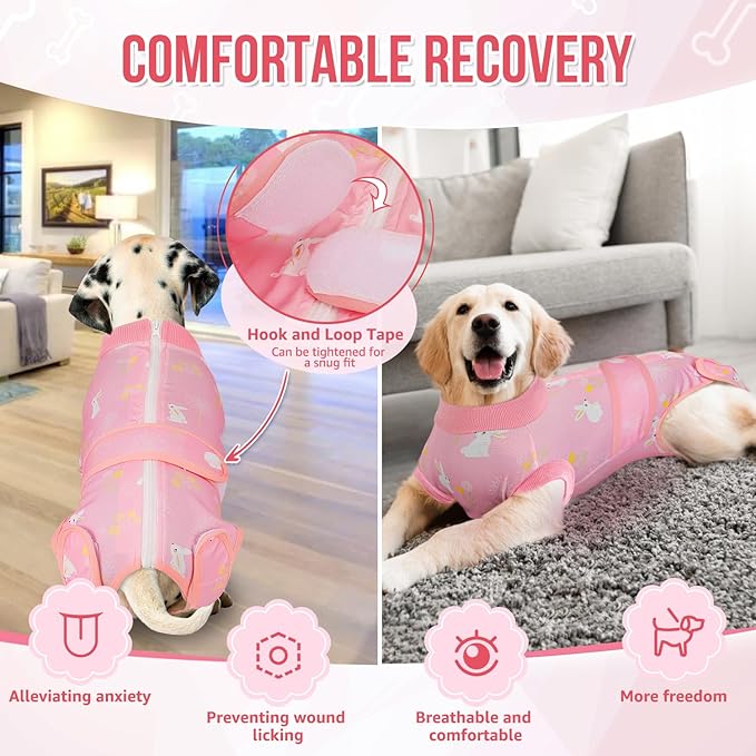 Lukovee Recovery Suit for Dogs, Zipper-On Onesie for Female Male Dog, Abdominal Wounds Cone E-Collar Alternative, Prevent Licking Spay (3XL, A-Pink)