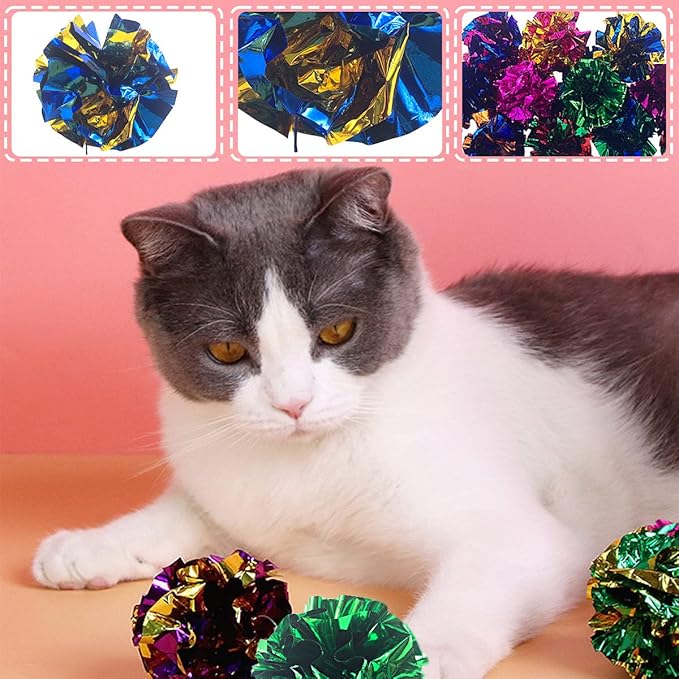 PET SHOW 20 Pcs Cat Crinkle Toy Ball 2.5inch Mylar Cat Pounce Chase Toys Colorful Paper Ball Chase Training Activity for Cats Kittens