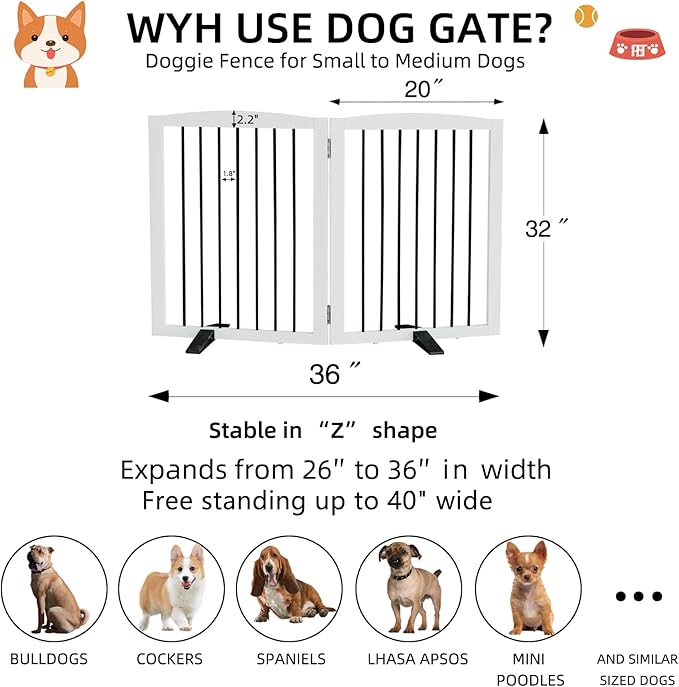 ZJSF Freestanding Panel Dog Gate for Indoor, Doorways,Stairs, or Hallways,Foldable Wooden White Pet Gates for House,Pet Gate for Dogs,Dog Fence, Puppy Gate,Support Feet Included, 32 "Height-2 Panels