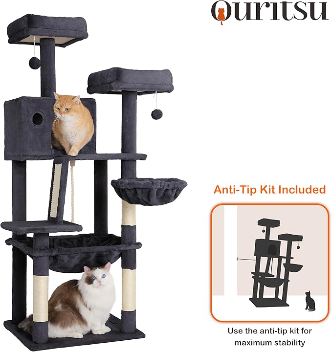 Ouritsu Cat Tree, 56 inch Tall Cat Tower for Large Cat Indoor, Large Condo, 2 Padded Perches, Steel-Framed Hammock, Scratching Post and ramp, Fluffy Basket, Dark Gray, LF001DG