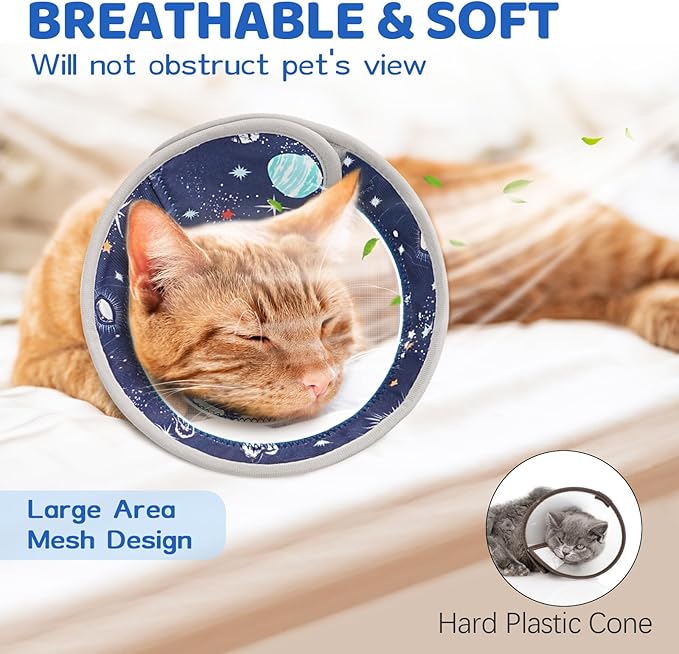 Breathable Air Mesh Cat Cone Collar Soft to Stop Licking, Adjustable, Foldable Lightweight Kitten Cones After Surgery Recovery for Cats & Kittens (Star Blue, M)