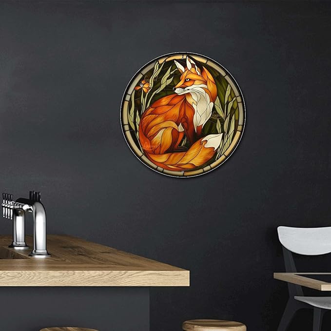 Lygond Metal Sign Tin Sign Circular Stained Glass Red Fox Wall Art for Bar 8×8 Inches