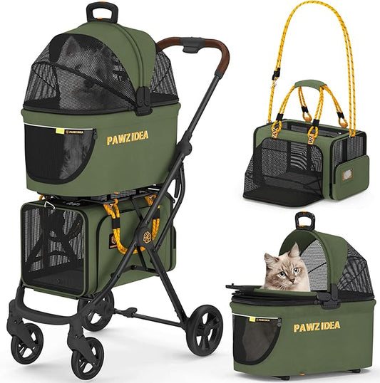 PAWZIDEA Double Pet Stroller with 2 Detachable Carriers, Portable Dog Crate for Car Travel & TSA-Approved Expandable Cat Carrier, Foldable Lightweight Jogger Stroller for 2–4 Cats or Small/Medium Dogs