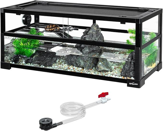 REPTIZOO 18 Gallon Turtle Tank Aquarium, 30"×12"×12" Tortoise Habitat Water-Land Ecological Turtle Tank with Drainage System Aquatic Aquarium