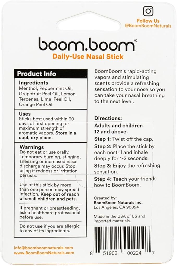 BoomBoom Nasal Stick | Vapor Flow Technology | Cool Refreshing Sensation | Natural Mood Boost | Simple Ingredients | Essential Oils + Menthol Inhaler (Tropical)