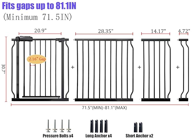 Extra Wide 76.4-81 Inch Large Baby Gates for Stairs, Doorways - No Drilling, Pressure Mounted Pet Gates for Kids & Dogs