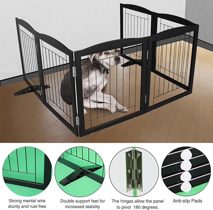 ZJSF Freestanding Dog Fence Indoor, Foldable Dog Gate for Doorways, Stairs or Hallways, Sturdy Wood Extra Wide Pet Gate with Support Feet for The House, Black, 24 "Height-6 Panels