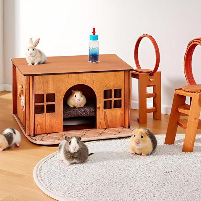 Guinea Pig Houses and Hideouts, Hamster House Hideout, Wooden Small Animal House with Windows, Large Guinea Pig Hideout Castle for Hamsters Small Bunny Chinchillas Playing Hiding