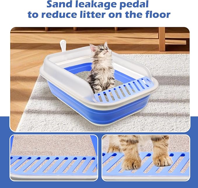 High Sided Cat Litter Box, Anti-Splashing Low Entry Cats Litter Pan with Scoop Collapsible Foldable Shallow Kitten Potty Toilet Waterproof Cat Travel Litterbox Semi-Enclosed Easy Clean(Blue)