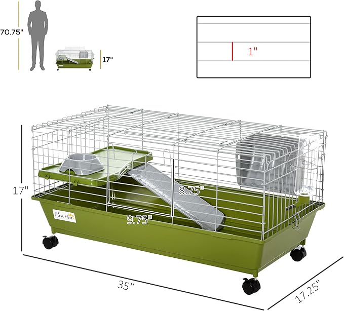 PawHut 35" L Small Animal Cage, Rolling Bunny Cage, Guinea Pig Cage with Food Dish, Water Bottle, Hay Feeder, Platform, Ramp for Chinchilla, Green