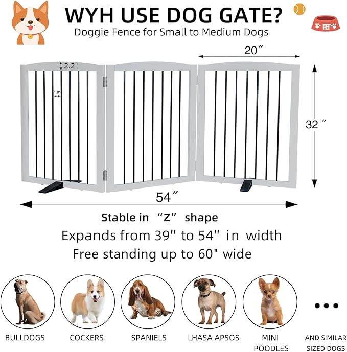 ZJSF Freestanding Panel Dog Gate for Indoor, Doorways,Stairs, or Hallways,Foldable Wooden White Dog Gates for House,Pet Gate for Dogs,Dog Fence, Puppy Gate,Support Feet Included,32 "Height-3 Panels
