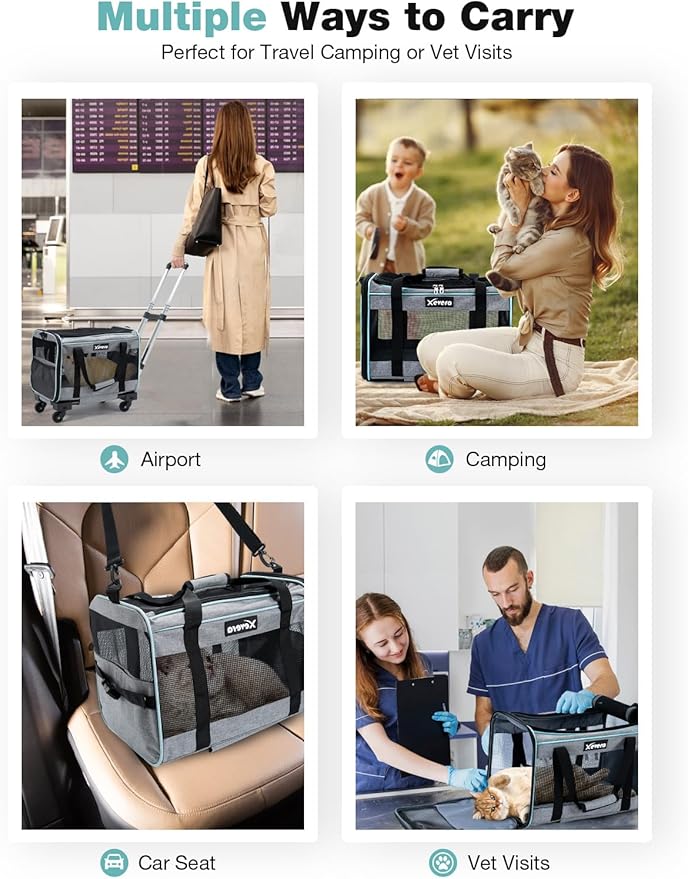 Dog Cat Carrier with Wheels, Airline Approved Pet Carrier for Cats Dogs 15lbs 20 lbs with Double-Sided Mat, Safety Leash and Shoulder Strap, Grey